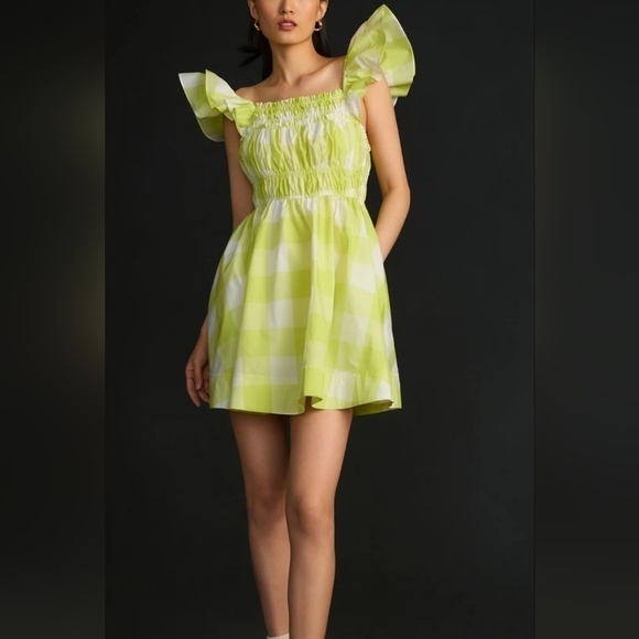 Maeve Square Neck Flutter Sleeve Mini Dress in Chartreuse Check Sz Lg Petite NWT - Picture 2 of 7